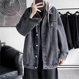 Yeknu boy outfits Fake Two-Piece Denim Coat Men's Spring and Autumn New Loose Ruffle Handsome Korean Style Jacket Casual Handsome Hooded Top