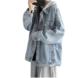 boy outfits Fake Two-Piece Denim Coat Men's Spring and Autumn New Loose Ruffle Handsome Korean Style Jacket Casual Handsome Hooded Top