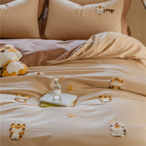 Cute Cartoon Tiger Towel Embroidered Cotton Four-Piece Set 100 Long-Staple Cotton Quilt Cover Bed Sheet Fitted Sheet Bedding Set