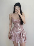 Yeknu Summer Pink Strap Kawaii Dress Women Backless Elegant Vintage Party Mini Dress Female Bow Belted Sashes Designer Dress