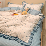 Yeknu Korean Princess Style Bedding Set Soft Skin-friendly Lace Ruffles Quilt Cover Blue Heart Printed Duvet Covers Pillowcases Sheet