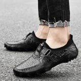 Yeknu Fashion men shoes slip on British Style Men Causal Shoes breathable Genuine Leather Men Shoes hole Outdoor Shoes Zapatos Hombre