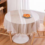 Yeknu Grey Stripe Round Tablecloth Cotton Linen  Lace Tassel Dustproof Tables Cover Wear-Resistant Thicken Mat Wedding Decoration