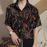 Yeknu Summer Thin Silky Soft Polyester Short Sleeve Men Floral Print Shirt Hawaiian Retro Print Loose Modern Trend Korean Shirts