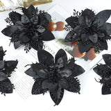 Yeknu 5.7 Inch Artificial Blue and Black Christmas Glitter Flowers with Clips 5/10pcs Xmas Tree Flower Ornaments Noel New Year Decor