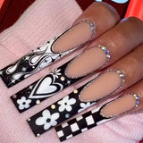 Yeknu 24Pcs Finished False Nails with Snake Shape Rhinestone Long Ballet Fake Nail with French Design Wearable Coffin Press on Nails