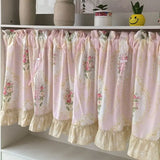 Yeknu Wave Pink Embroidered Flowers Window Valance Living Room Elegant Lace Curtain Valance Lace Tape Short Curtains Kitchen