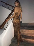 Yeknu Mo Leopard Print V-Neck Sexy Bodycon Long Dress Women Lace Up Backless Summer Dresses Female Straps Party Beach Vestidos