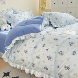 Yeknu Ins Style Floral Duvet Cover Set Flat Sheet Pillowcases No Filling Queen 200x230cm Romantic Girls Blue Bedding Flower Bed Linens