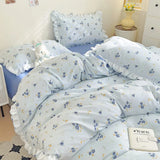 Yeknu Ins Style Floral Duvet Cover Set Flat Sheet Pillowcases No Filling Queen 200x230cm Romantic Girls Blue Bedding Flower Bed Linens