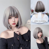 Yeknu 12Inch Silver Gray and Black Lolita Special Style Synthetic Wigs With Bang Short Natural Straight Hair For Women Heat Resistant