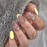 Yeknu 24Pcs Round Head Oval Manicure Lemon Yellow Summer Days Design Short Fake Nails Detachable Cute Nail Tips with Glue