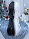 Yeknu 28Inch Black and White Dashing Synthetic Wigs With Bang Long Straight Hair Wig for Man or Women Cosplay Daily Use Heat Resistant