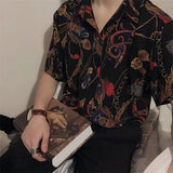 Yeknu Summer Thin Silky Soft Polyester Short Sleeve Men Floral Print Shirt Hawaiian Retro Print Loose Modern Trend Korean Shirts