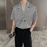 Yeknu New Plaid Houndstooth Print Shirt for Men Double-breasted Half Sleeved Cuban Collar Trend Loose Drape Casual Shirts Men