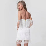 Yeknu 2024 New Women Fashion Tassel Bandage Dress Sexy V Neck Off Shoulder Bodycon Nightclub Celebrity Female Solid Party Mini Dresses