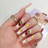 Yeknu 24Pcs Glitter Ballet False Nails Long Coffin Fake Nails with Flower Design Gold Powder French Press on Nails DIY Manicure Tips