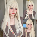 Yeknu 26Inch Blonde Platinum Golden Synthetic Wigs With Bang Long Natural Straight Hair Wig for Women Hime Cut Cosplay Heat Resistant