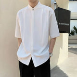 Yeknu Men Clothing Korean New Stand Collar Shirt Men Short Sleeve Hidden Buckle Loose Casual Solid Color All-match Simple Men's shirts