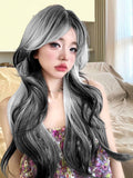 Yeknu 28Inch White Black Ombre Lolita Synthetic Wigs With Bang Long Wavy Hair Wig for Women Cosplay Daily Use Cosplay Heat Resistant