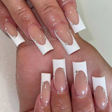 Yeknu 24Pcs Long Square False Nails Simple White French Fake Nails Wearable Ballet Coffin Full Cover Nail Tips Acrylic Press on Nails