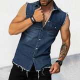 Yeknu Streetwear Mens Fashion Denim Vest Shirts Turn-down Collar Button-up Sleeveless Denim Tank Tops For Men Spring Summer Jean Vest