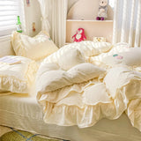 Yeknu Bed Linen Bedding Set 2024 Korean Princess Style Lace  Towel Embryos  Washing Cotton Four PIECE Set Duvet Cover With Pillowcase