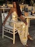 Yeknu 2024 Women Sexy Spaghetti Strap V-neck Gold Print Backless Evening Dresses Eleegant Ladies Sleevelss Long Maxi Party Club Dress