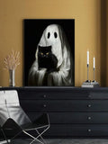 Yeknu Retro Cute Ghost Companion & Reads Book Canvas Prints Monster Holds Black Cat Wall Art Poster for Living Room Halloween Decor