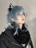 Yeknu 16Inch Haze Blue Color Handsome Synthetic Wig With Bang Medium Natural Wavy Hair Wig for Man or Women Cosplay Heat Resistant