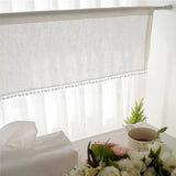 Yeknu 1 Piece Imitation Linen Cross Pattern Lace Cotton Ball Short Curtain Half Curtain Small Curtain Japanese and Korean Style Decorative Curtain for Kitchen Cabinet Restaurant Window Curtain