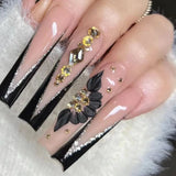 Yeknu 24Pcs Glitter Ballet False Nails Long Coffin Fake Nails with Flower Design Gold Powder French Press on Nails DIY Manicure Tips