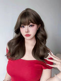 Yeknu 20Inch Cool Brown Synthetic Wigs with Bangs Long Natural Wavy Hair Wig for Women Daily Use Cosplay Drag Queen Heat Resistant