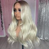 Yeknu Ombre Brown Roots Platinum Blonde #60 Wavy Synthetic Black Women Wigs Natural Look Glueless 13x4 Lace Front Synthetic Hair Wigs