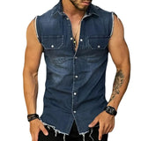 Yeknu Streetwear Mens Fashion Denim Vest Shirts Turn-down Collar Button-up Sleeveless Denim Tank Tops For Men Spring Summer Jean Vest