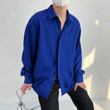 Yeknu New Arrival Klein Blue Shirt Men Long Sleeve Concealed Button Lapel Summer Thin Casual Loose Solid Color Ice Silk Shirt Men