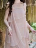 Yeknu Korea Summer Outfits Fairy Suit For Women'S Pink Sweet Pearl Strap Chic Top Chiffon Skirt Elegant Two Piece Set