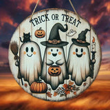 Yeknu 2D Wooden Halloween Three Cute Ghost Broom Spoof Pumpkins 7.9Inch/20cm Round Hanging Sign Wall or Door Decor Wall Art