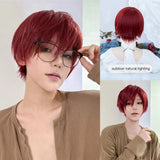 Yeknu 8Inch Wine Red Color Handsome Synthetic Wigs With Bang Short Straight Hair Wig For Man or Women Daily Use Cosplay Heat Resistant