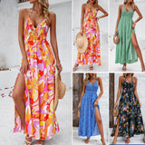 Yeknu High Quality Women's Clothing Dress Spring Summer 2024 Leisure Vacation Print Strap Pleated Dress Sexy Boho Dress Vestido Beach