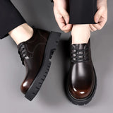 Yeknu Men Korea Leather Platform Oxfords Slip On Thick Tottom Male Derby Shoes Casual Loafers Men Square Toe Formal Dress Shoes