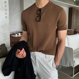 Yeknu Korean Version Summer Slim Fit Knit T Shirt Men Round Neck Stripe Short Sleeve Solid Color Harajuku Casual Vintage T Shirt Men