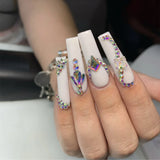 Yeknu 24Pcs Wearable Fake Nail with Flower Design Long Coffin False Nails French Ballet Press on Nails Simple Full Cover Nail Tips