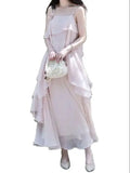 Yeknu Korea Summer Outfits Fairy Suit For Women'S Pink Sweet Pearl Strap Chic Top Chiffon Skirt Elegant Two Piece Set