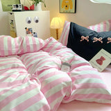 Yeknu Korean Bedding Set INS Girls Striped  Soft Washed Cotton Bed Sheet Set Queen King Size Comforter Set Pillowcase Bed Linens