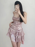 Yeknu Summer Pink Strap Kawaii Dress Women Backless Elegant Vintage Party Mini Dress Female Bow Belted Sashes Designer Dress