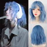 Yeknu Synthetic Short Wavy Blue Wig with Bangs Women Lolita Cosplay fluffy Hair Heat Resistant Wig for Daily Party