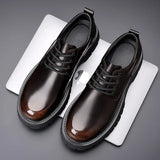 Yeknu Men Korea Leather Platform Oxfords Slip On Thick Tottom Male Derby Shoes Casual Loafers Men Square Toe Formal Dress Shoes
