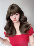 Yeknu 20Inch Cool Brown Synthetic Wigs with Bangs Long Natural Wavy Hair Wig for Women Daily Use Cosplay Drag Queen Heat Resistant