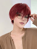 Yeknu 8Inch Wine Red Color Handsome Synthetic Wigs With Bang Short Straight Hair Wig For Man or Women Daily Use Cosplay Heat Resistant